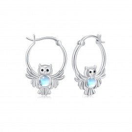 Moonstone Owl Hoop Earrings 925 Sterling Silver Owl Huggie Hoop Earrings Moonstone Jewelry Gifts for Women Girls Birthday Christmas