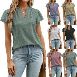 Jacquard V-neck Pile Sleeve Short Sleeve