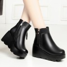 Leather Short Women's Fleece-lined Wedge Platform Wool Boots