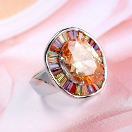 Bridal Big Round Colorful CZ Finger 925 Sterling Silver Rings