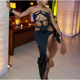 Solid Color Irregular Long Skirt Hollowed Out Backless Suspender Slit Slim Dress Female